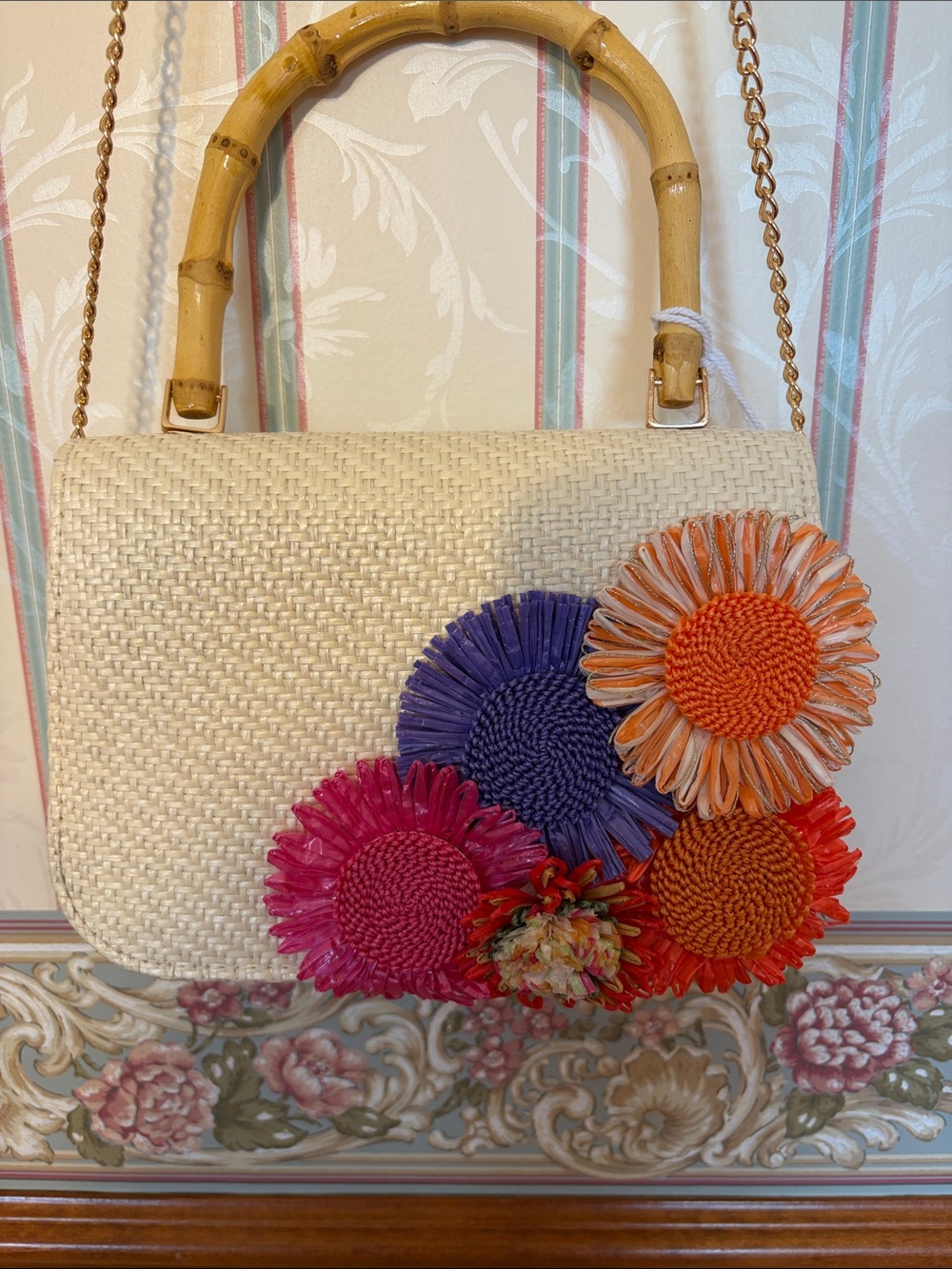 Haute Hippie Straw Crossbody with Bamboo Handle and Multicolor Pom-Poms - Picture 4 of 10